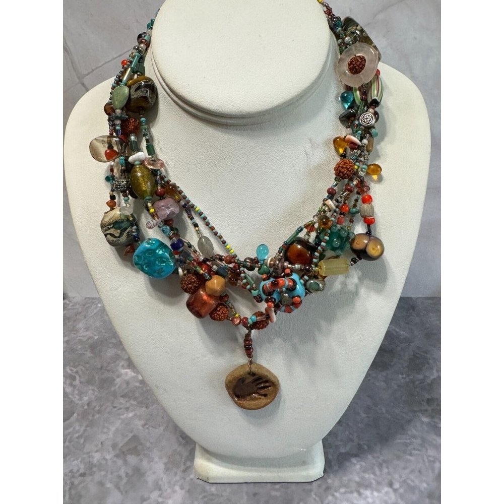 Vintage Multistrand Lampwork Veneitan Murano Beaded Necklace w/Hamsa Talisman - Picture 4 of 11